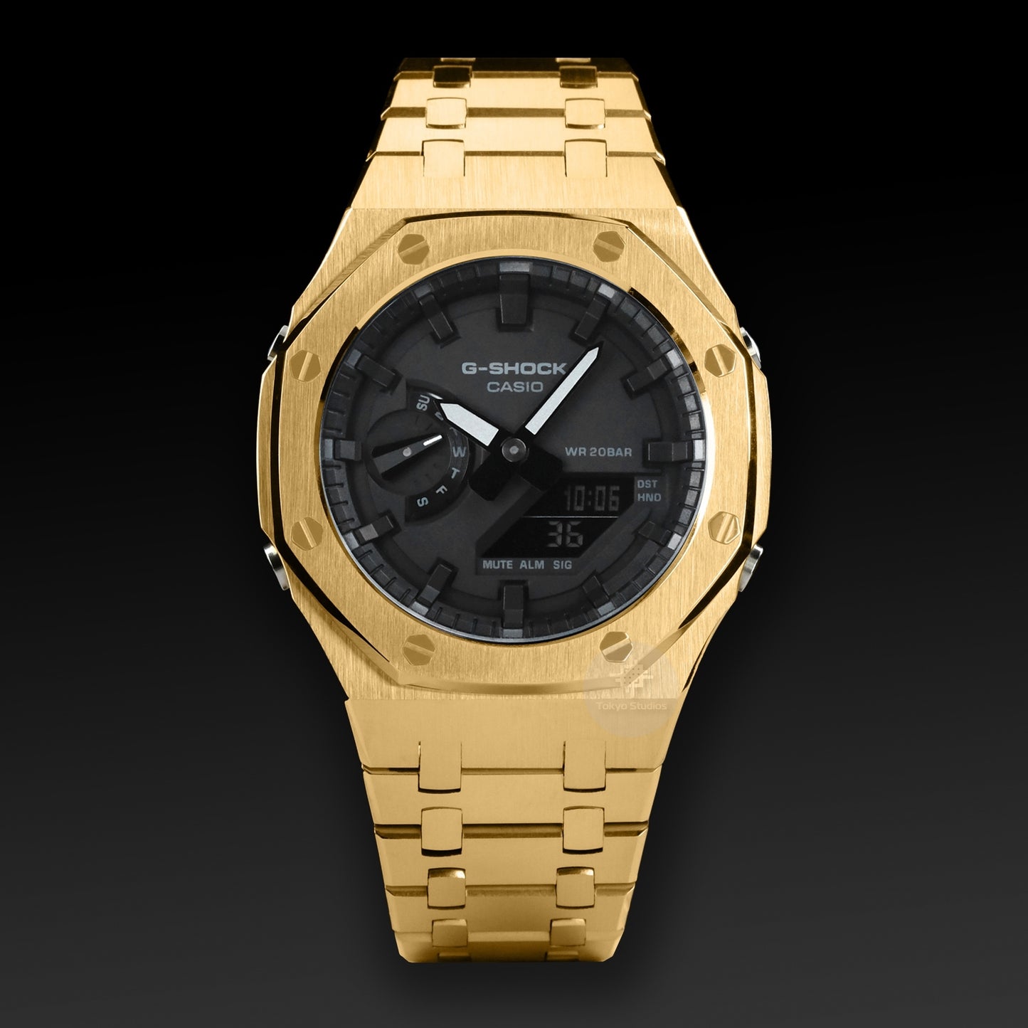 G-SHOCK Mod with Yellow Gold Stainless Steel Bracelet, Black Face, Black Hour Markers