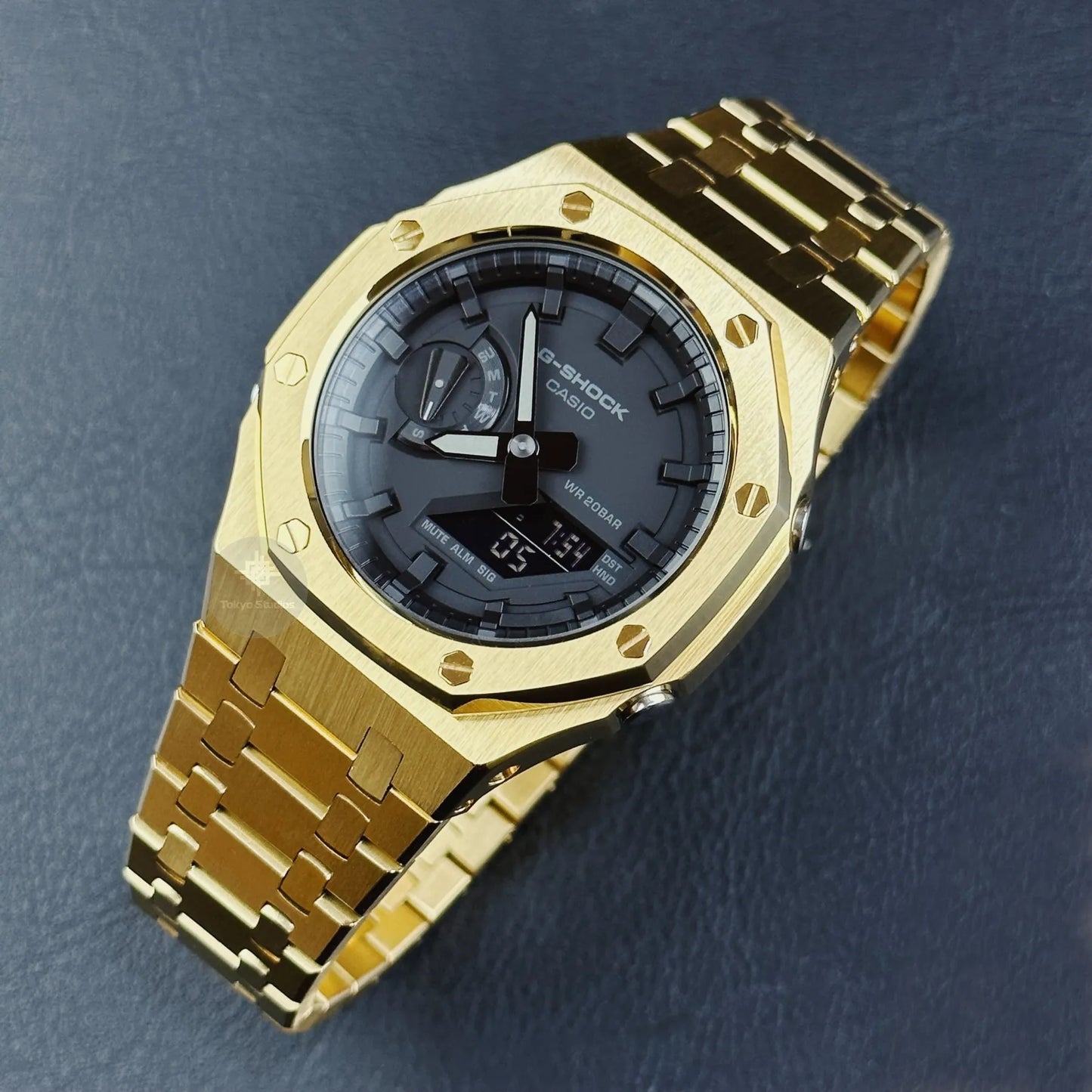 G-SHOCK Mod with Yellow Gold Stainless Steel Bracelet, Black Face, Black Hour Markers