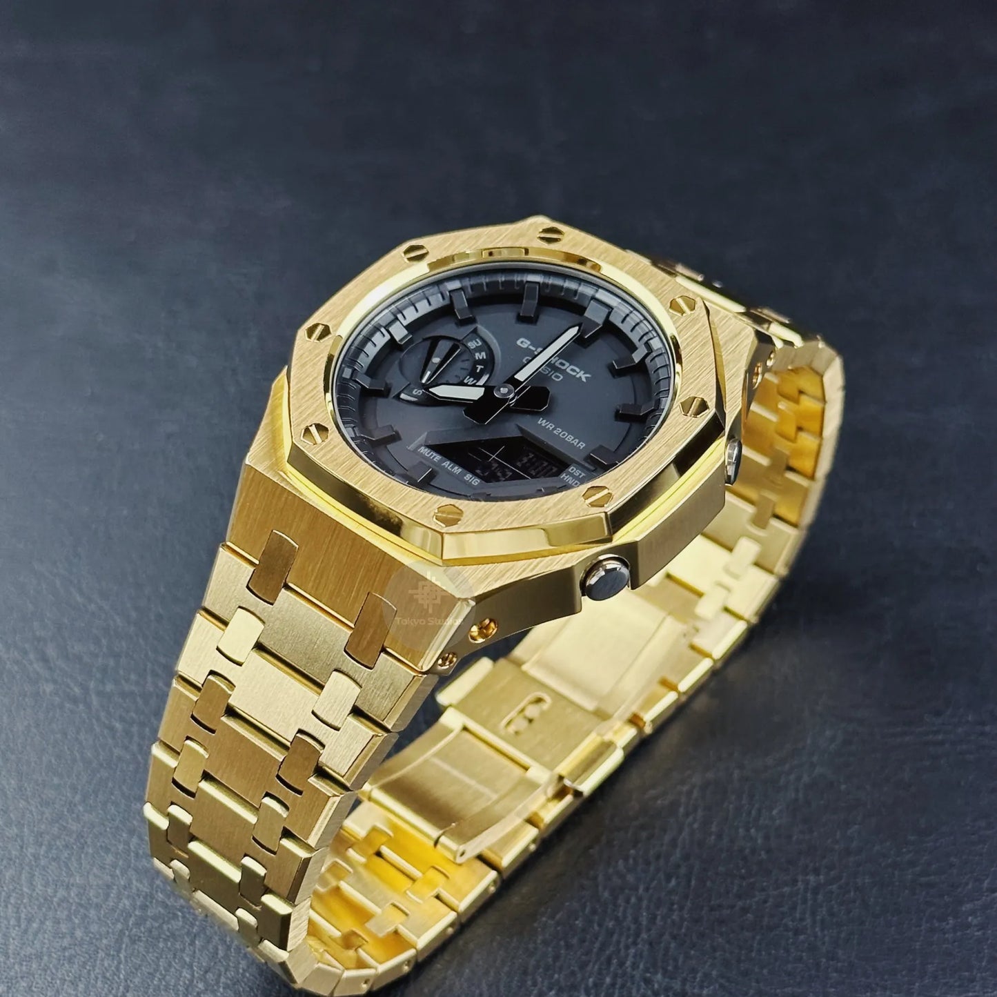 G-SHOCK Mod with Yellow Gold Stainless Steel Bracelet, Black Face, Black Hour Markers