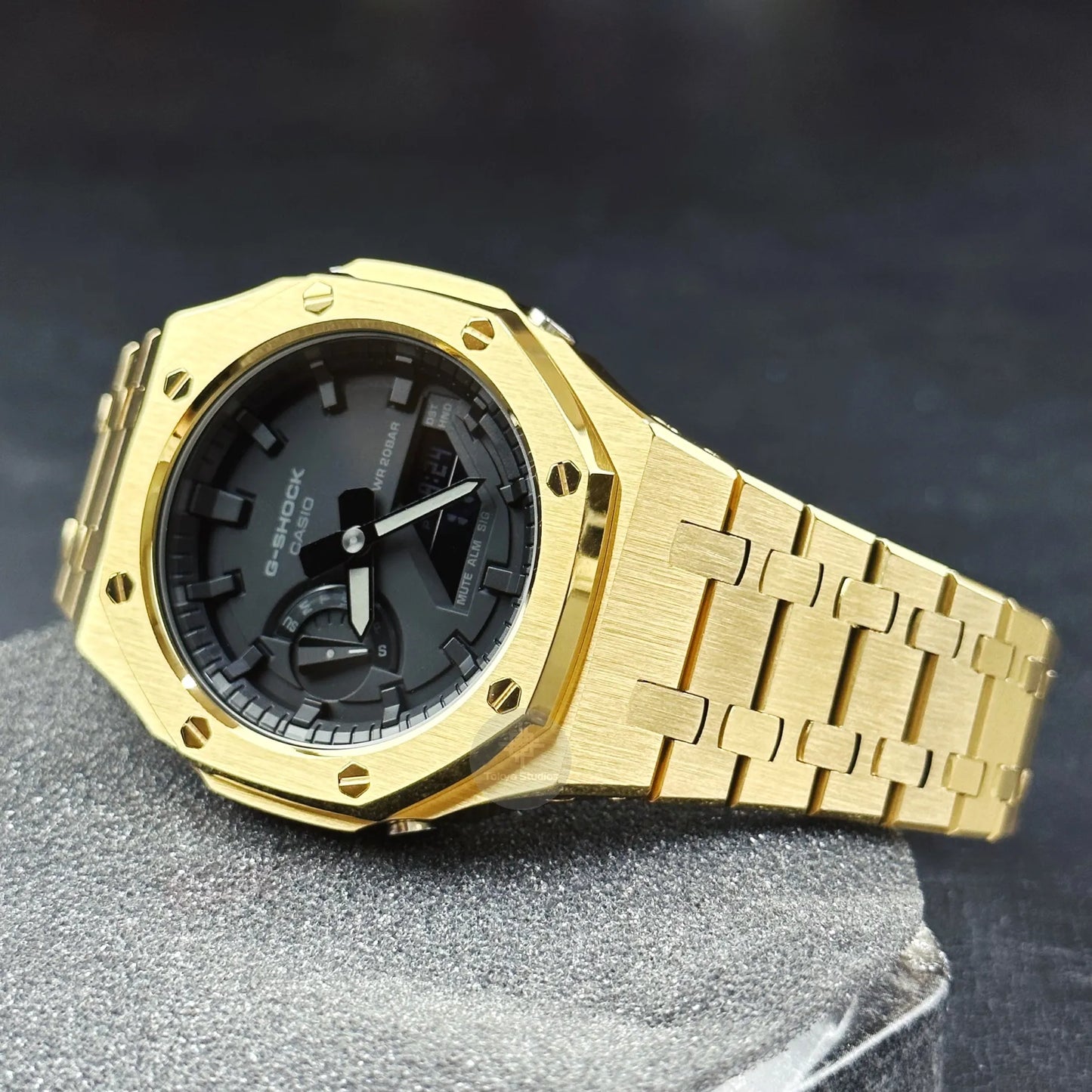 G-SHOCK Mod with Yellow Gold Stainless Steel Bracelet, Black Face, Black Hour Markers