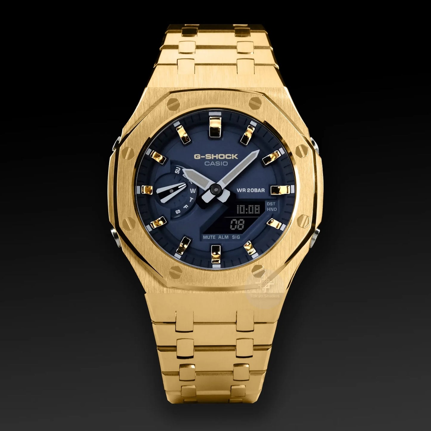 G-SHOCK Mod with Yellow Gold Stainless Steel Bracelet, Blue Face, Gold Hour Markers